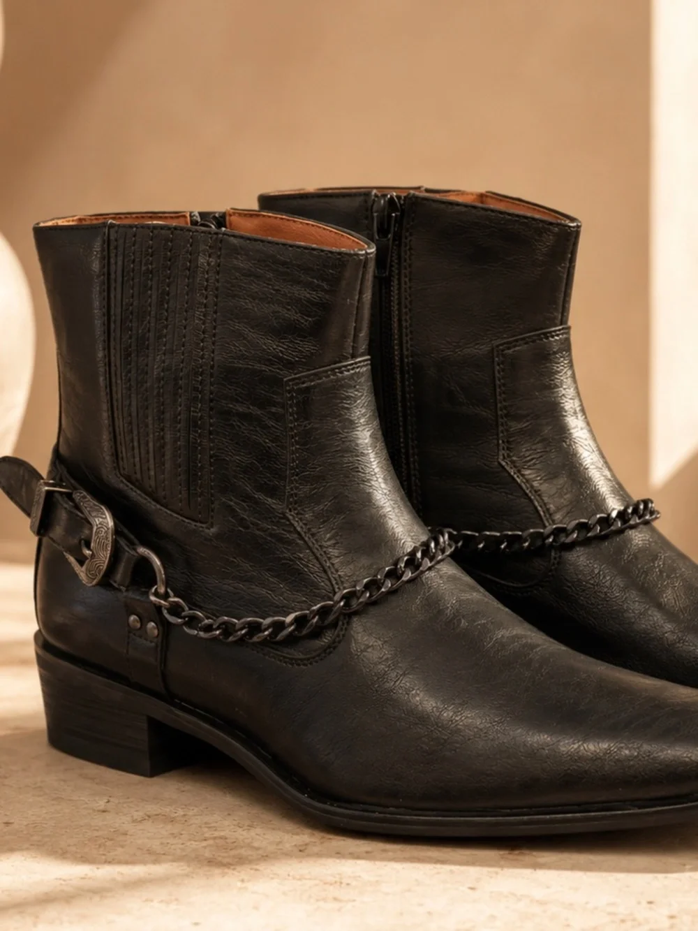 Ferro Aldo Reyes Black Western Harness Ankle Boots 9.5 Side Zip NWOB